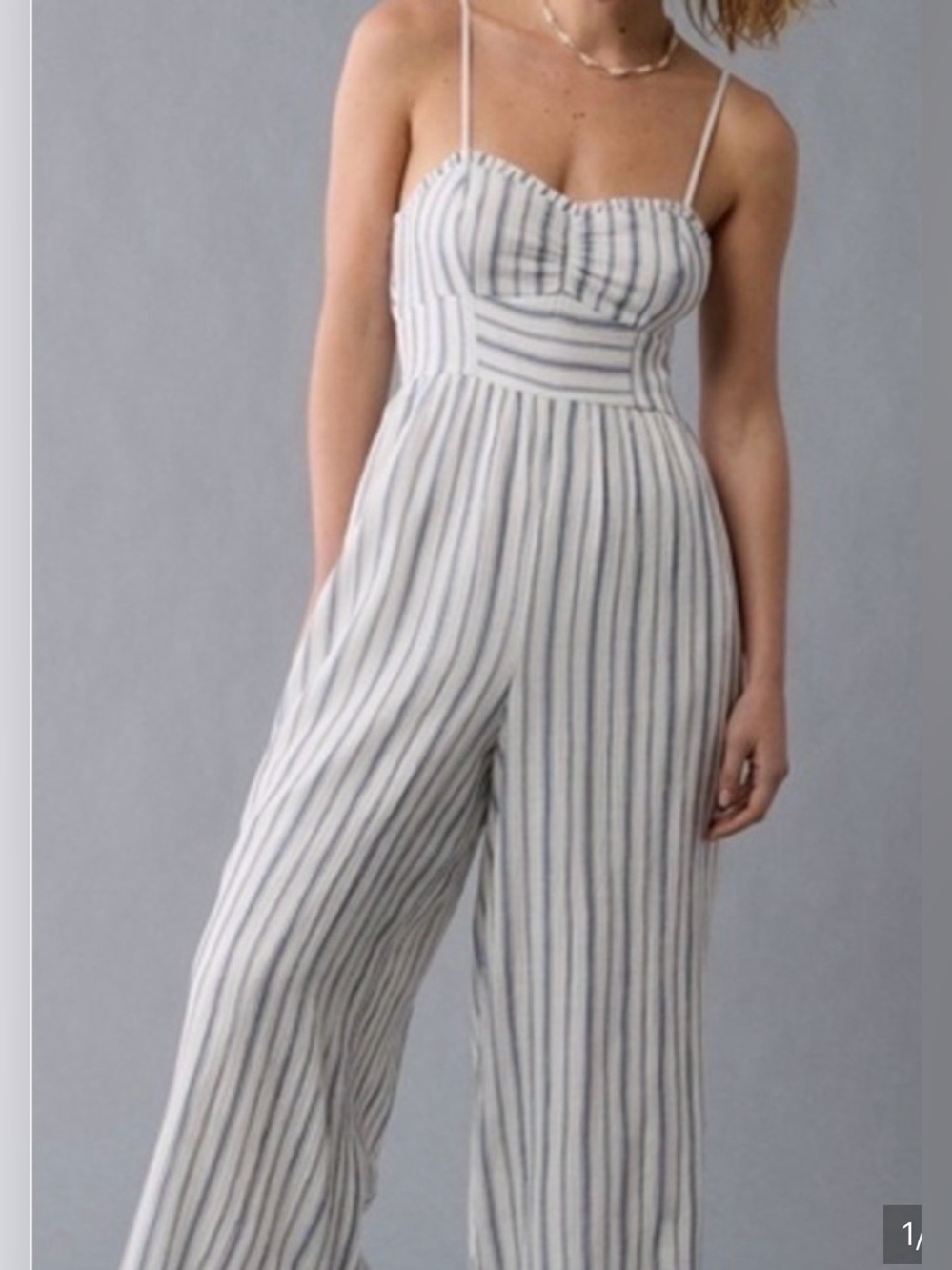 American eagle women’s large blue white striped wide leg jumpsuit ruffle tie bac